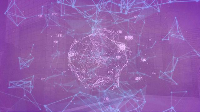 This video shows a digital network sphere floating and spinning over modern buildings, symbolizing global digital technology and finance. The purple background enhances the thematic focus on financial digital connectivity, making it perfect for use in fintech, technology, and analytics presentations, financial reports, and tech advertising campaigns.