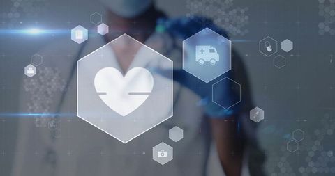 Doctor selecting heart icon on futuristic medical hud interface wearing stethoscope and gloves