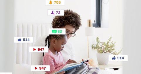 Mother and daughter reading together on sunlit bed with social media engagement icons