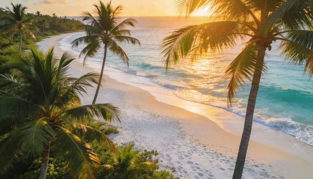 Coconut palms framing golden sunset over turquoise shoreline with footprints