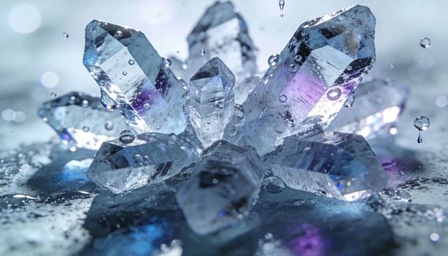 Refracting prismatic crystal cluster reflecting blue and purple light, macro