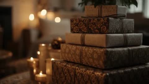 Festive Camera Exploration of Gift Boxes by Candlelight at Home