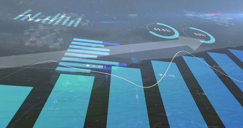 Futuristic Analytics Dashboard Displaying Blue Bar Charts, Trend Lines and Donut Metrics