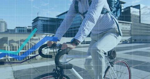 Urban commuter riding bicycle with rising analytics graphs overlaying city skyline grid