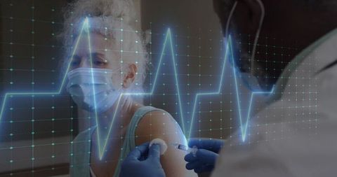 Elderly woman receiving vaccination in medical setting with digital overlay