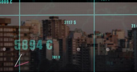 Digital Data Visualization on Urban Skyline at Dusk