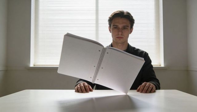 Young man flipping spiral notebook at minimalist white desk with backlit window blinds