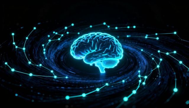 Floating Neon Brain in Spiral Network Visualizing AI Data Flow and Neural Connectivity
