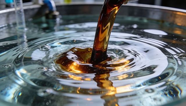 Amber viscous liquid pouring into clear bath creating glowing vortex and ripples