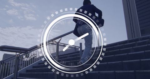 Caucasian businessman running upstairs with time overlay