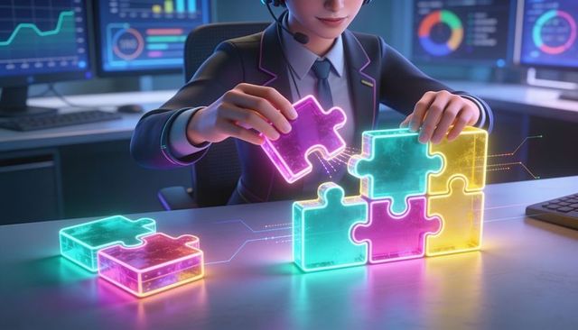 Futuristic analyst assembling neon hologram puzzle pieces on data dashboard integration