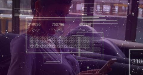 Woman Using Smartphone with Futuristic Digital Interface Overlay