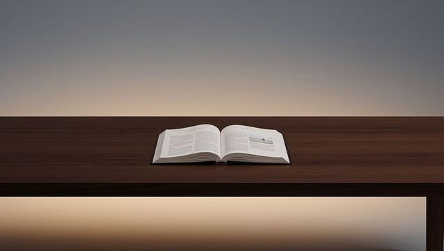 Open hardcover book on dark wooden table minimalist editorial layout with typographic spread