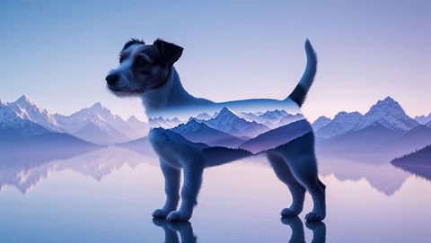 Surreal terrier silhouette with alpine landscape reflection