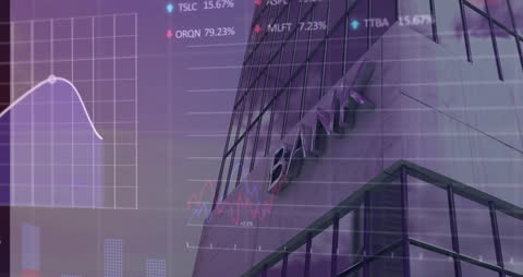 Modern Bank Digital Data Overlay with Cityscape Backdrop