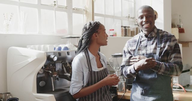 Perfect for illustrating teamwork in a small business, promoting local coffee shops, or highlighting friendly customer service in cafes. Can also be used in materials focusing on diversity and workplace happiness.