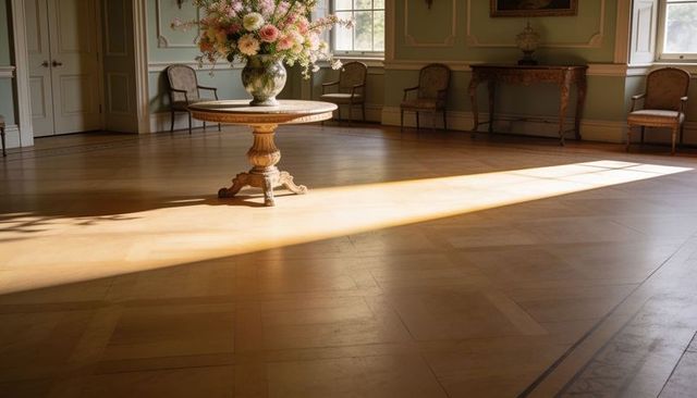 Sunlit antique pedestal table with lush floral centerpiece in elegant manor hall