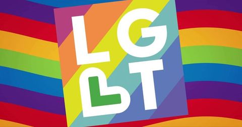 Tilted rainbow square with bold lgbt lettermark and heart emblem for pride graphics
