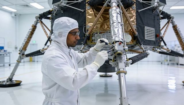 Cleanroom Technician Assembling Spacecraft Landing Leg with Precision Tools