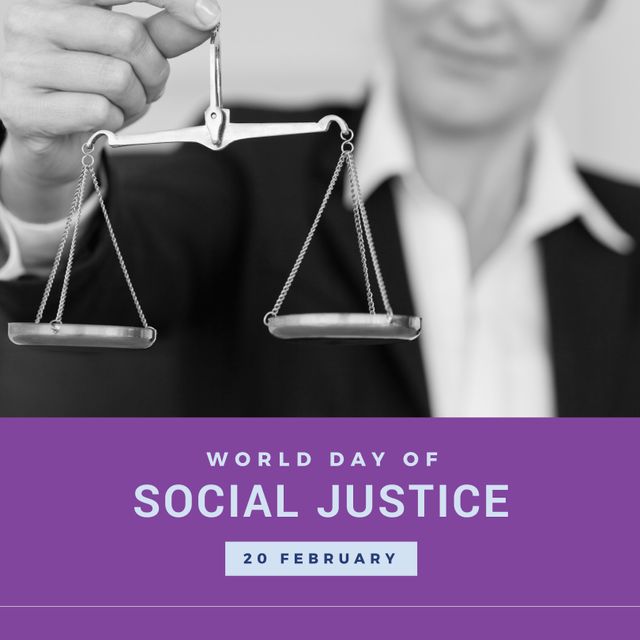 Composition of world day of social justice text and caucasian woman holding justice scales. World day of social justice, court and justice system concept digitally generated image.