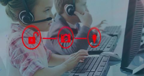 Children Using Headset with Virtual Technology Symbols