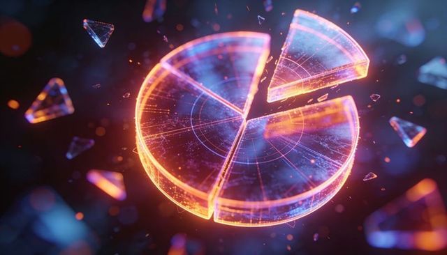 Holographic neon pie chart rotating with elevated slice and glowing particles for data visualization
