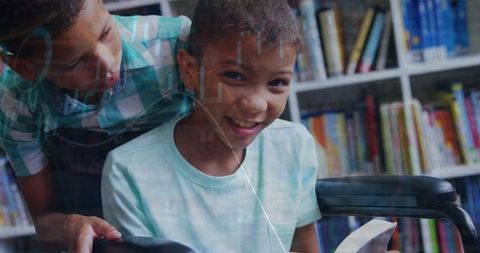 Inclusive Learning: Children Reading in Library with Digital Data Overlay