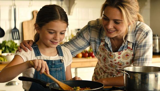 Mother teaching daughter to stir vegetable skillet in cozy kitchen wearing denim overalls