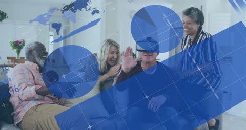 Senior Group Enjoying Virtual Reality with Global Infographic Overlay