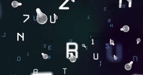 Lightbulb icons among floating letters and numbers on digital display