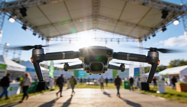 Quadcopter drone hovering above outdoor expo capturing aerial footage under canopy