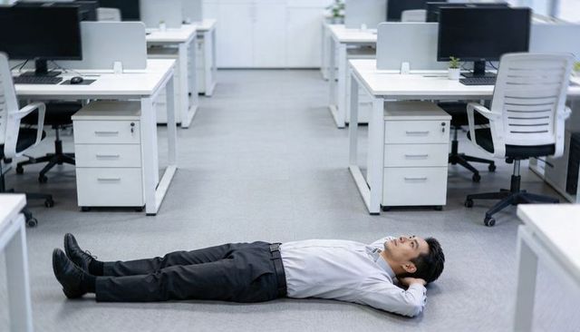 Business professional lying on office floor resting in minimalist open-plan workspace