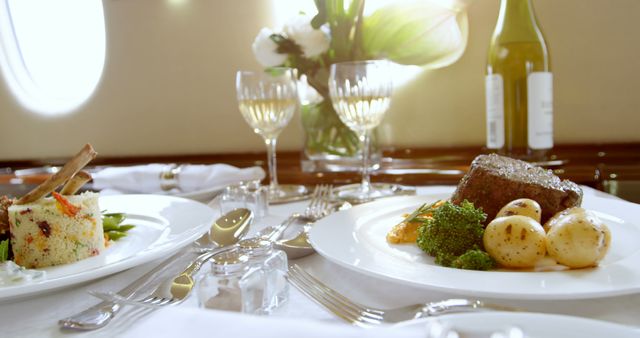 Elegant dining setup features a gourmet meal on a table. The setting suggests a high-end restaurant experience or a luxurious dinner event.