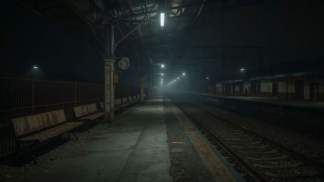 Moody deserted railway platform under pale night lights