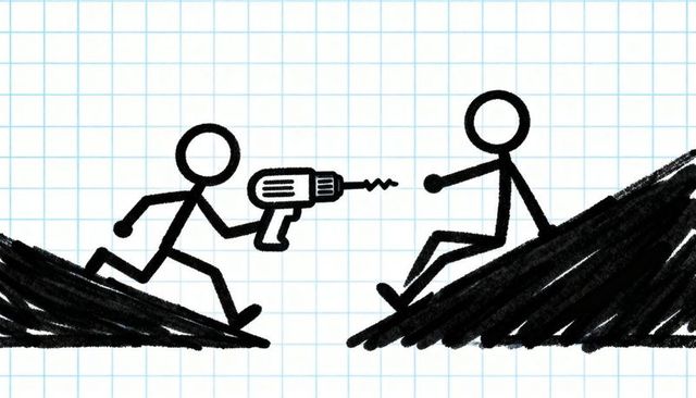 Running Stick Figures Holding Drill on Graph Paper Doodle — Minimalist Confrontation