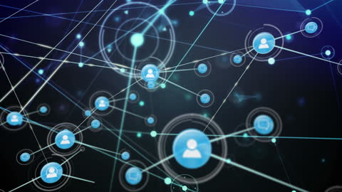 Digital Network of Interconnected Icons on Dark Background