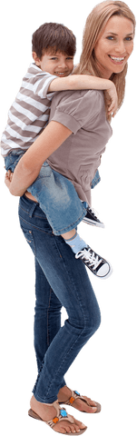 Transparent joyful mother giving piggyback ride to son