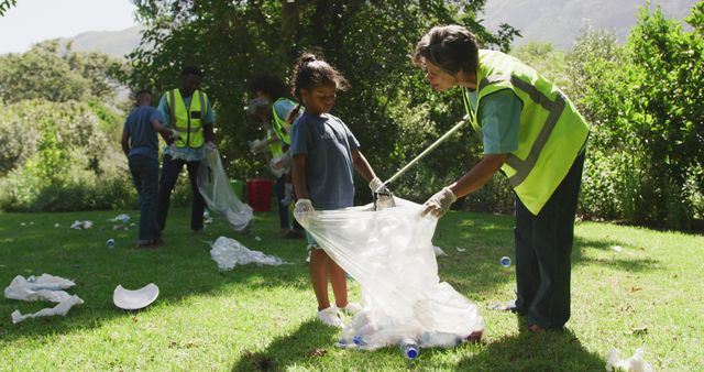 A community of various ages working together to clean up a park by picking up trash, including plastic bottles and packaging. This photo showcases teamwork, environmentalism, and the importance of involving different generations in maintaining public areas. Ideal for use in educational materials about community service, environmental campaigns, or social responsibility promotions.