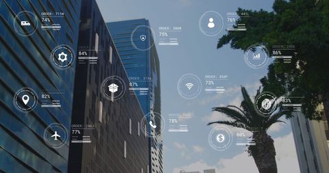 Futuristic Cityscape with Data Processing Icons