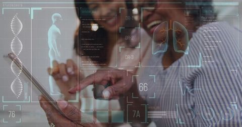 Medical Data Interface with Smiling Women Using Tablet