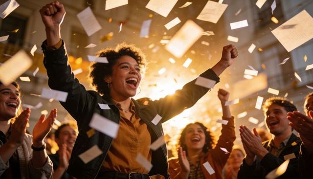 Young woman raising arms and cheering amid golden-hour confetti at urban crowd celebration