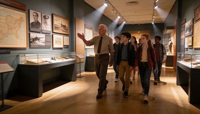 Elderly docent leading school group on museum field trip exploring maps and artifacts