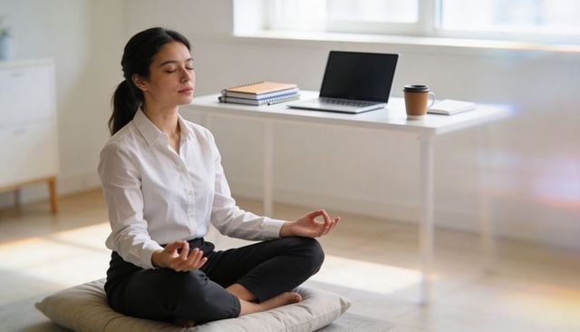 Young professional meditating on cushion in bright home office boosting focus and calm