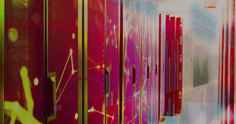 Neon server rack corridor displaying financial data overlays and holographic insights