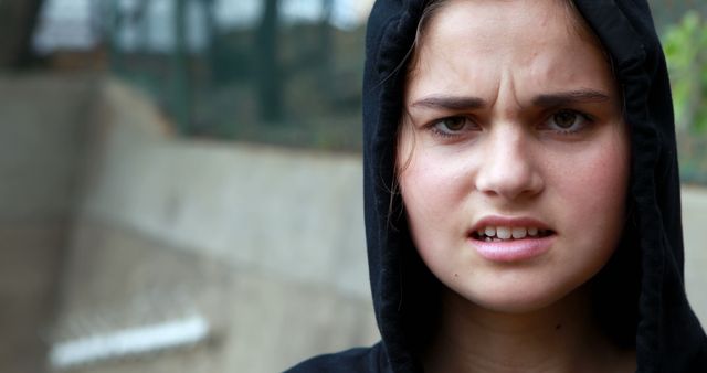 Young woman wearing a hooded sweatshirt outdoors frowning, suggesting a serious or unhappy mood. Ideal for use in articles about emotions, mental health awareness, daily life situations, or outdoor activities.