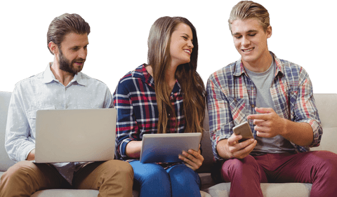 Cheerful Group Engaging with Multiple Transparent Devices Indoors - Download Free Stock Videos Pikwizard.com