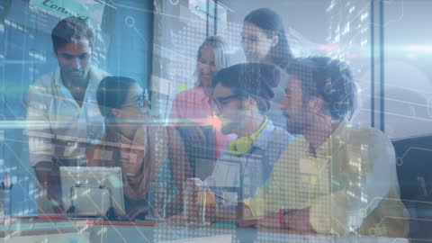 Team Collaborating with Futuristic Data Overlay