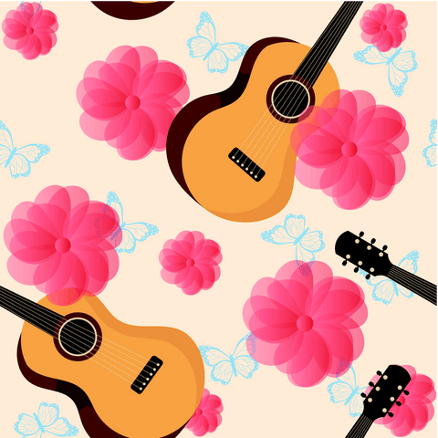 Folk guitars and floral art with butterflies on transparent background