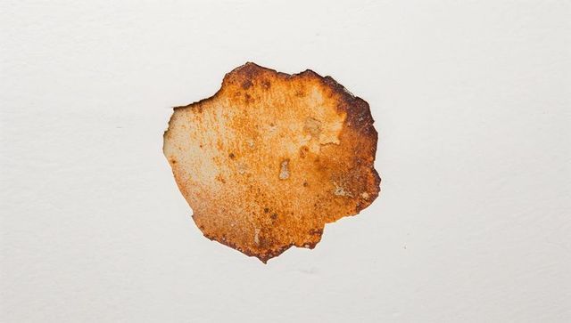 Peeling paint patch exposing rust-stained plaster on off-white wall with flaking edges
