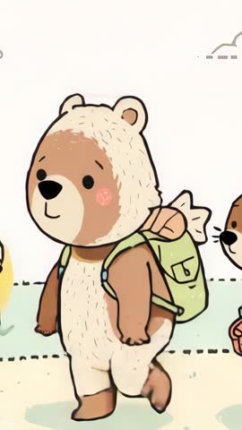 Vertical video: Bear carrying backpack walking woodland path with rodent friend on adventure